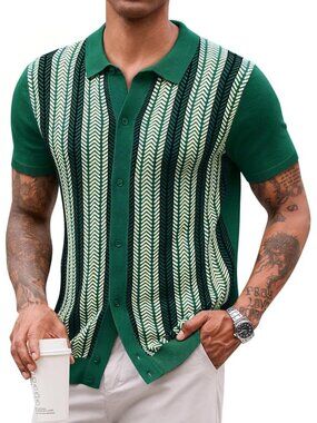 Men's Green Vintage Knit Polo Short Sleeve Casual Golf Old Money Shirt